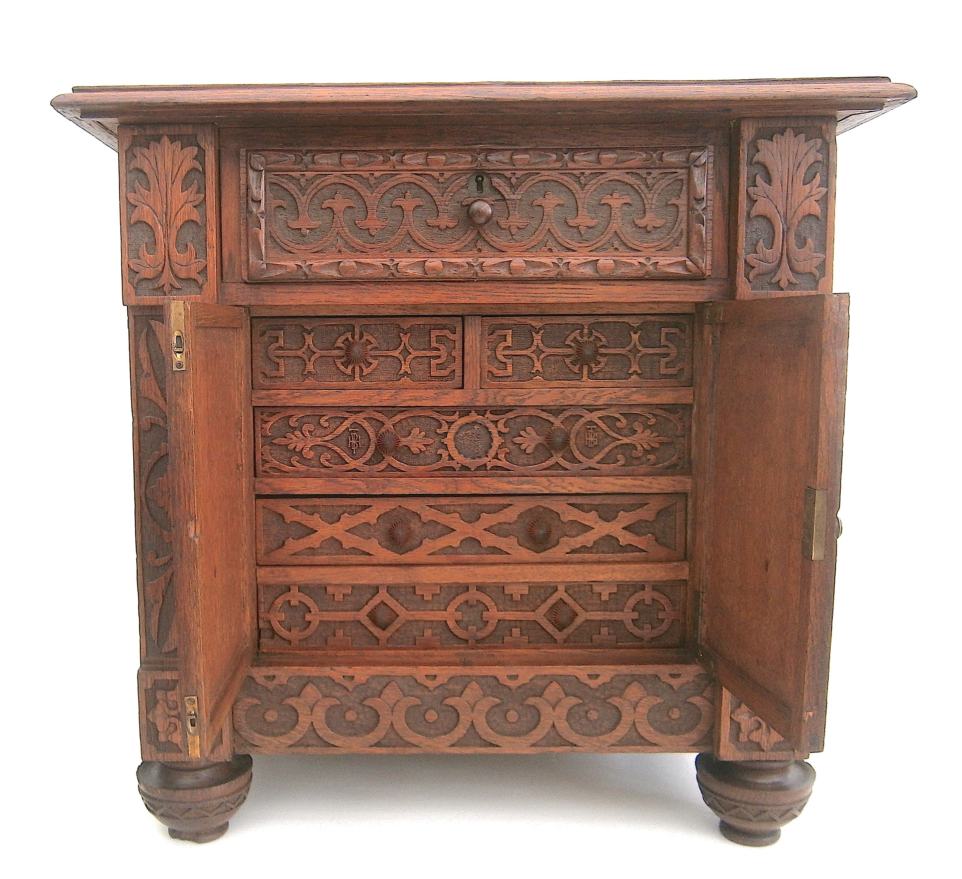 A Victorian carved oak table top collector's cabinet, width 58cm, depth 37cm, height 56cm